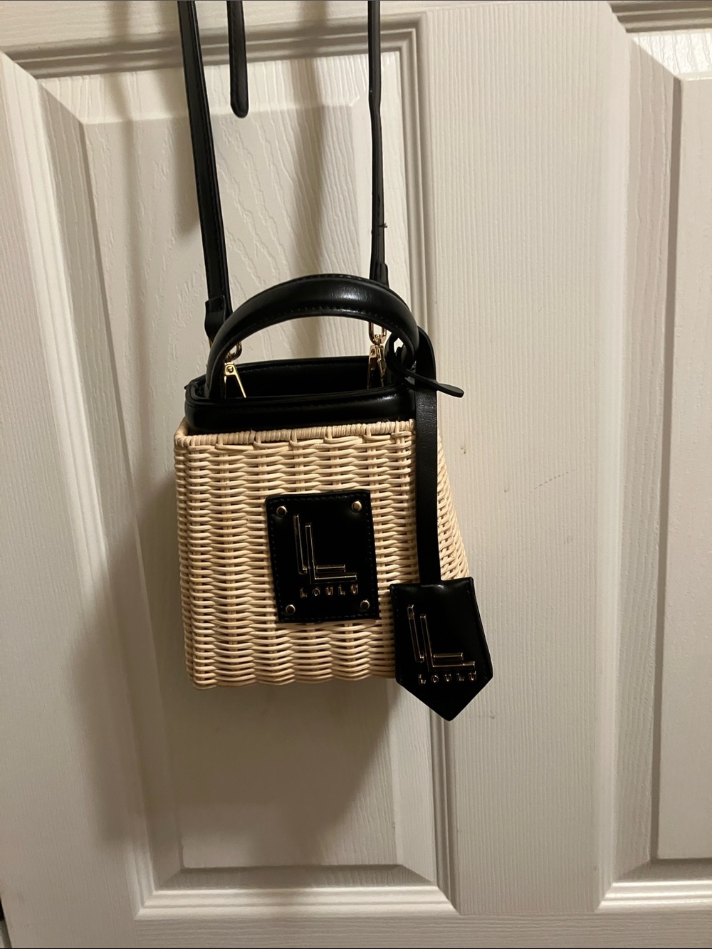 Loulu Crossbody mini wicker Bag with Black Leather Trim